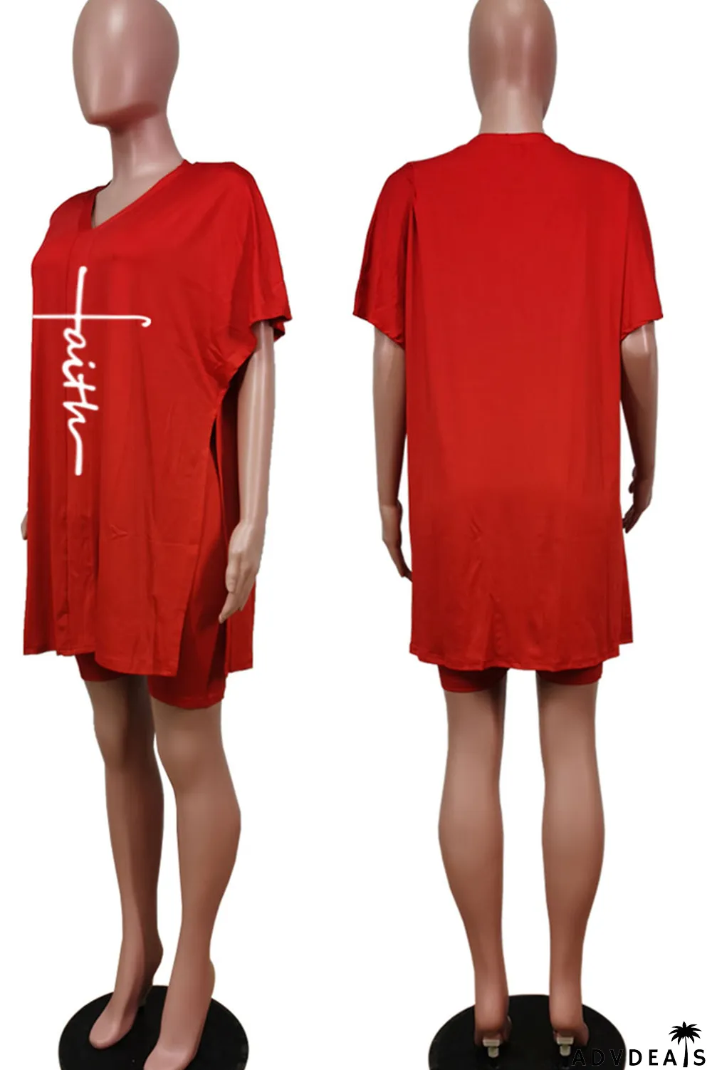 Tangerine Red Casual Print Split Joint V Neck Short Sleeve Two Pieces