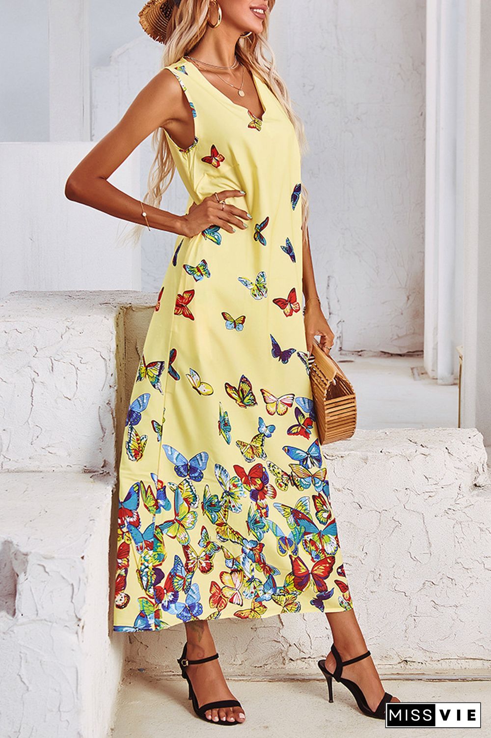 Elegant Butterfly Print Split Joint Pocket V Neck A Line Dresses