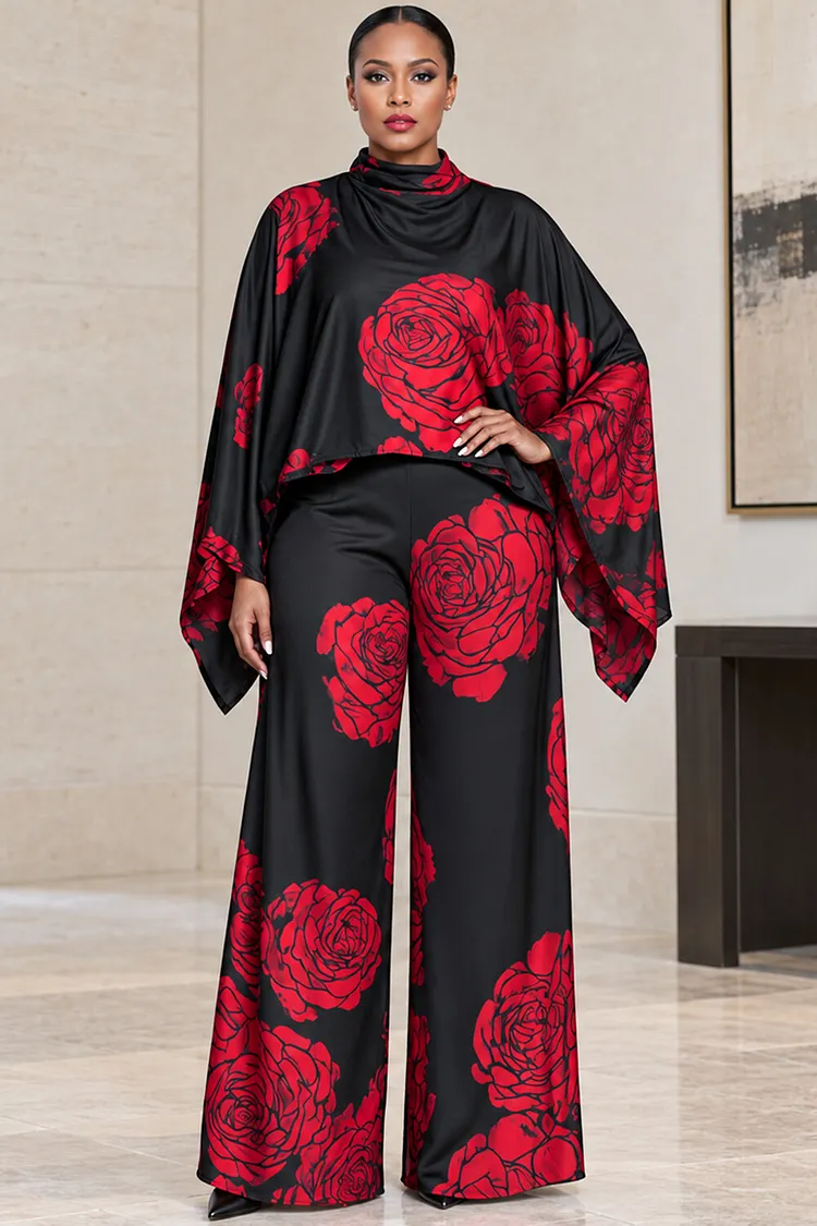 Xpluswear Design Plus Size Party Black Floral Mock Neck Long Sleeve Fold Two Piece Pant Sets [Pre-Order] 2024 - Xpluswear