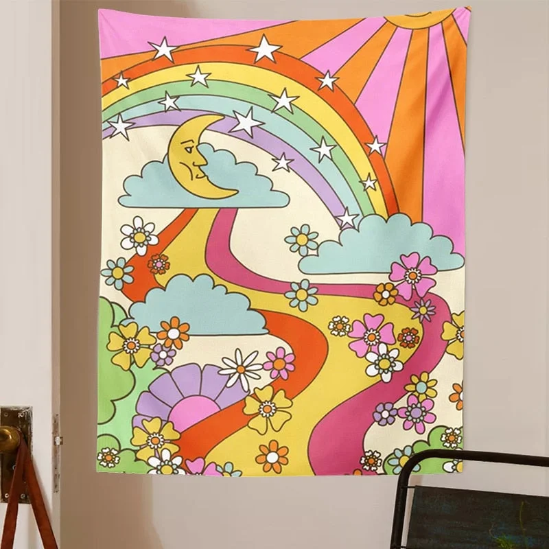 Retro Rainbow Tapestry Wall Hanging 70s 60s Vintage Psychedelic tripping Sun Moon INS Trippy Tapestry Hippie Wall Art Decor