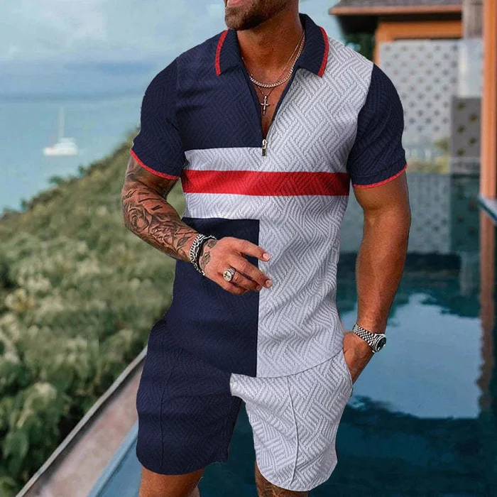 BrosWear Contrasting Red Stripes Polo Shirt And Shorts Co-Ord