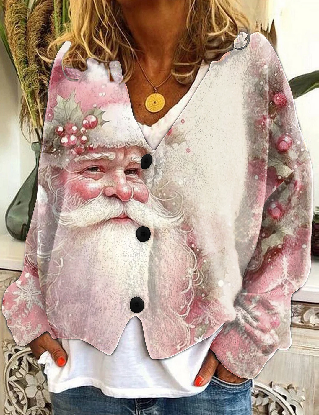 Vintage Pink Santa Print Casual Cardigan