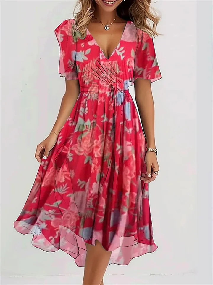Summer Chiffon Printed Ladies V-Neck Dresses