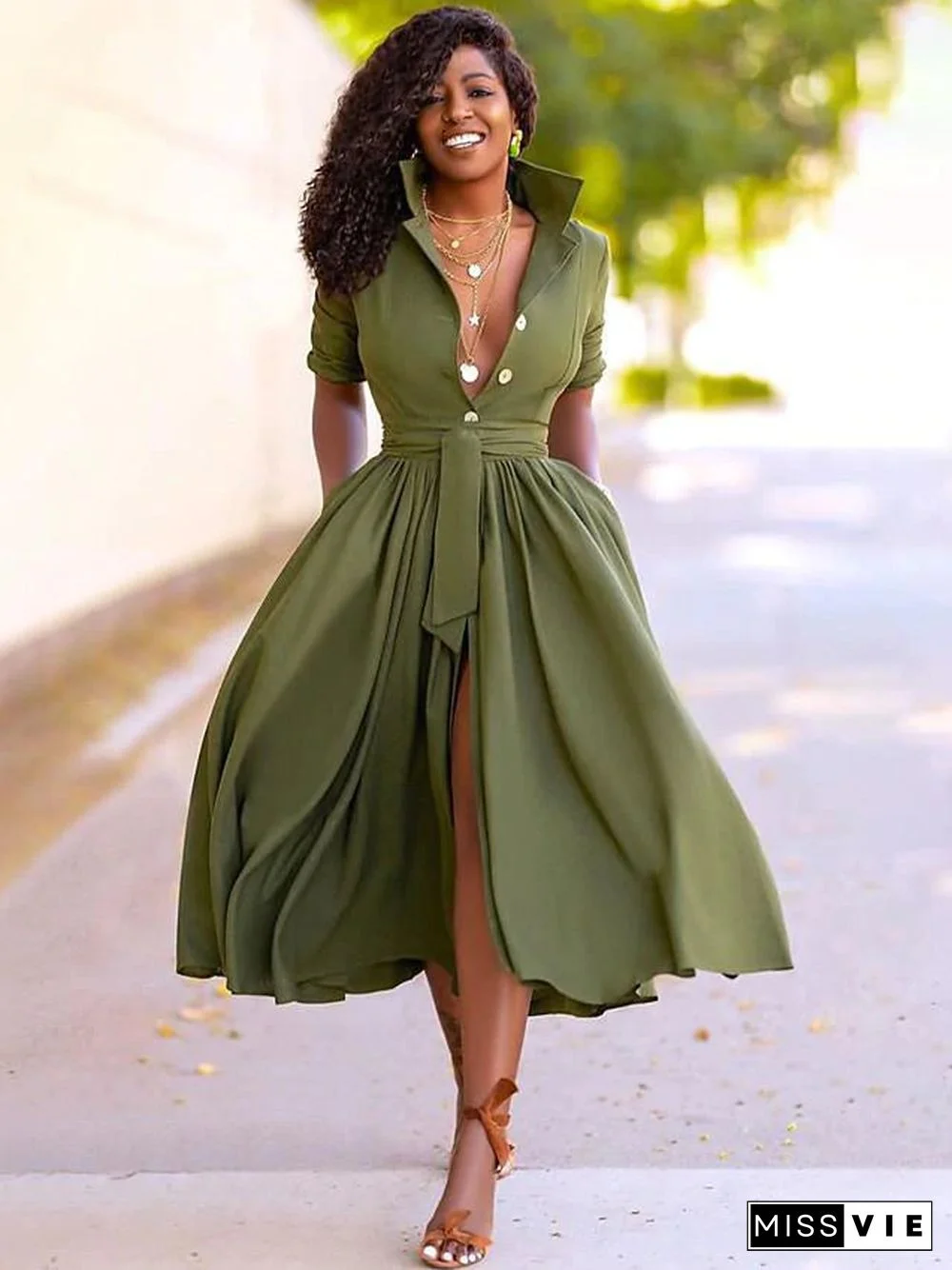 Women's A-Line Dress Midi Dress - Half Sleeve Split Summer Fall V Neck Dress