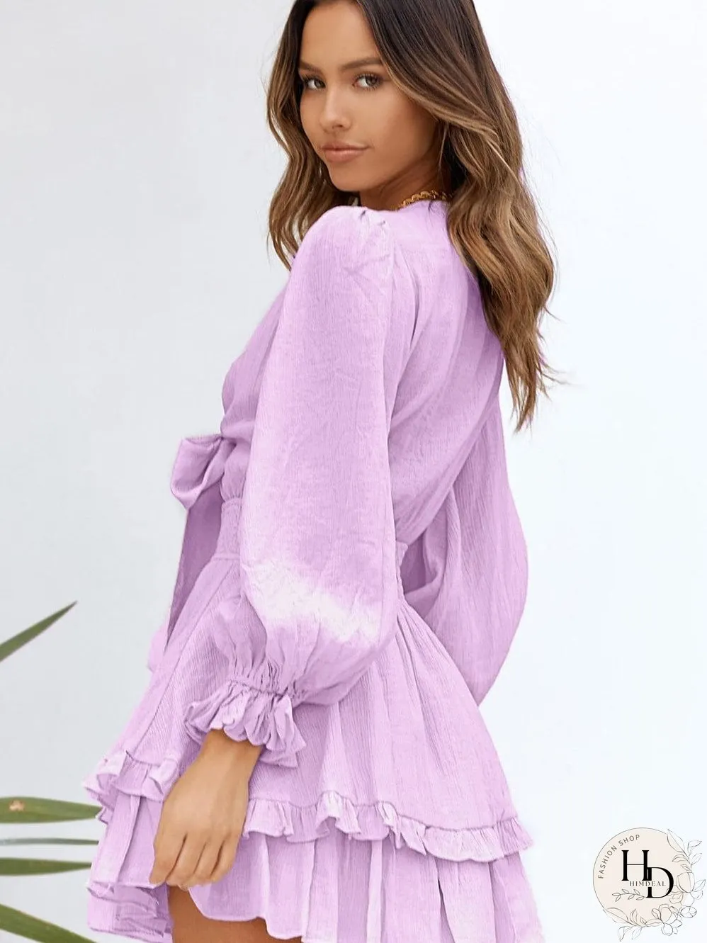 Lantern Sleeve Knotted Tiered Mini Dress with Deep V Neck