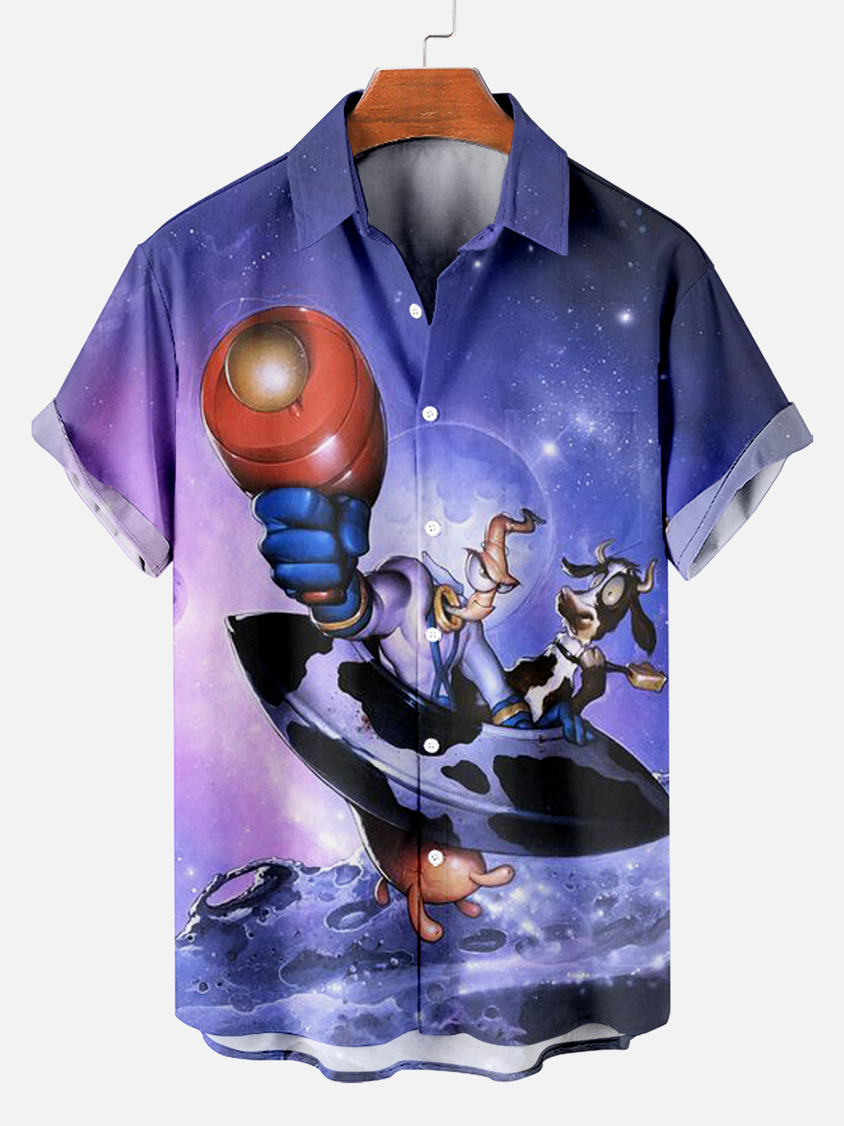 Men's Retro Cartoon Creature Space Marine Short Sleeve Shirt PLUSCLOTHESMAN