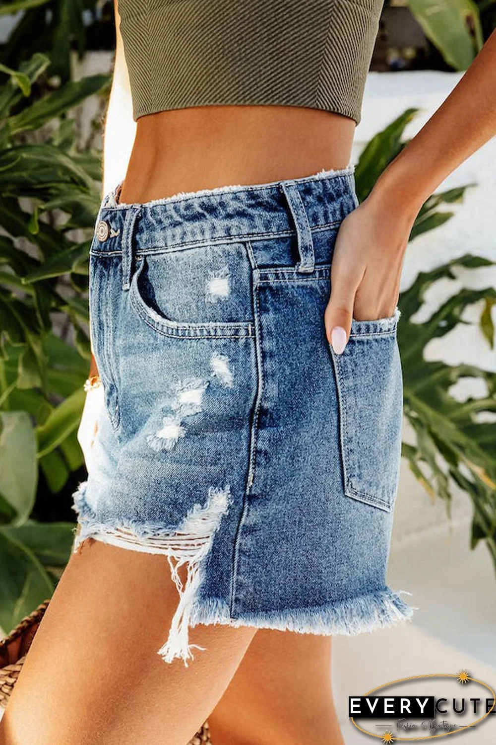 Sky Blue Distressed Raw Edge Jean Shorts
