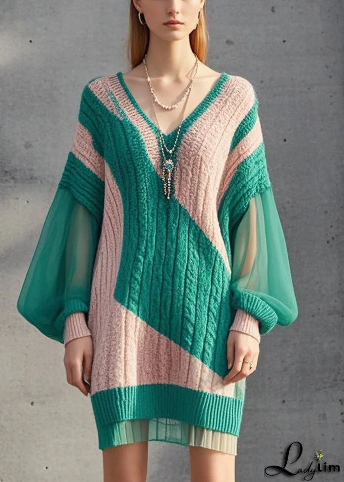Fashion Colorblock V Neck Patchwork Knit Dress Lantern Sleeve