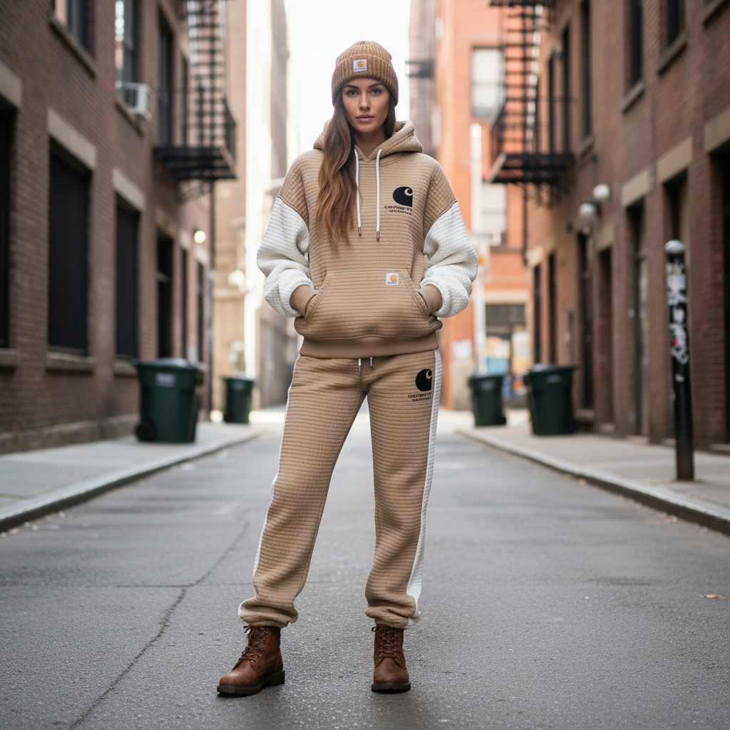 Women's Vintage Khaki White Waffle Knit Quilted Plaid Pocket Hoodie And Sweatpants Jogger Set