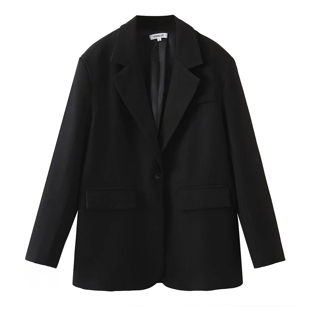 Ueong Fashion Women's Fashion Autumn British Version Loose One-Button Suit Jacket Black Medium-Length Suit Jacket