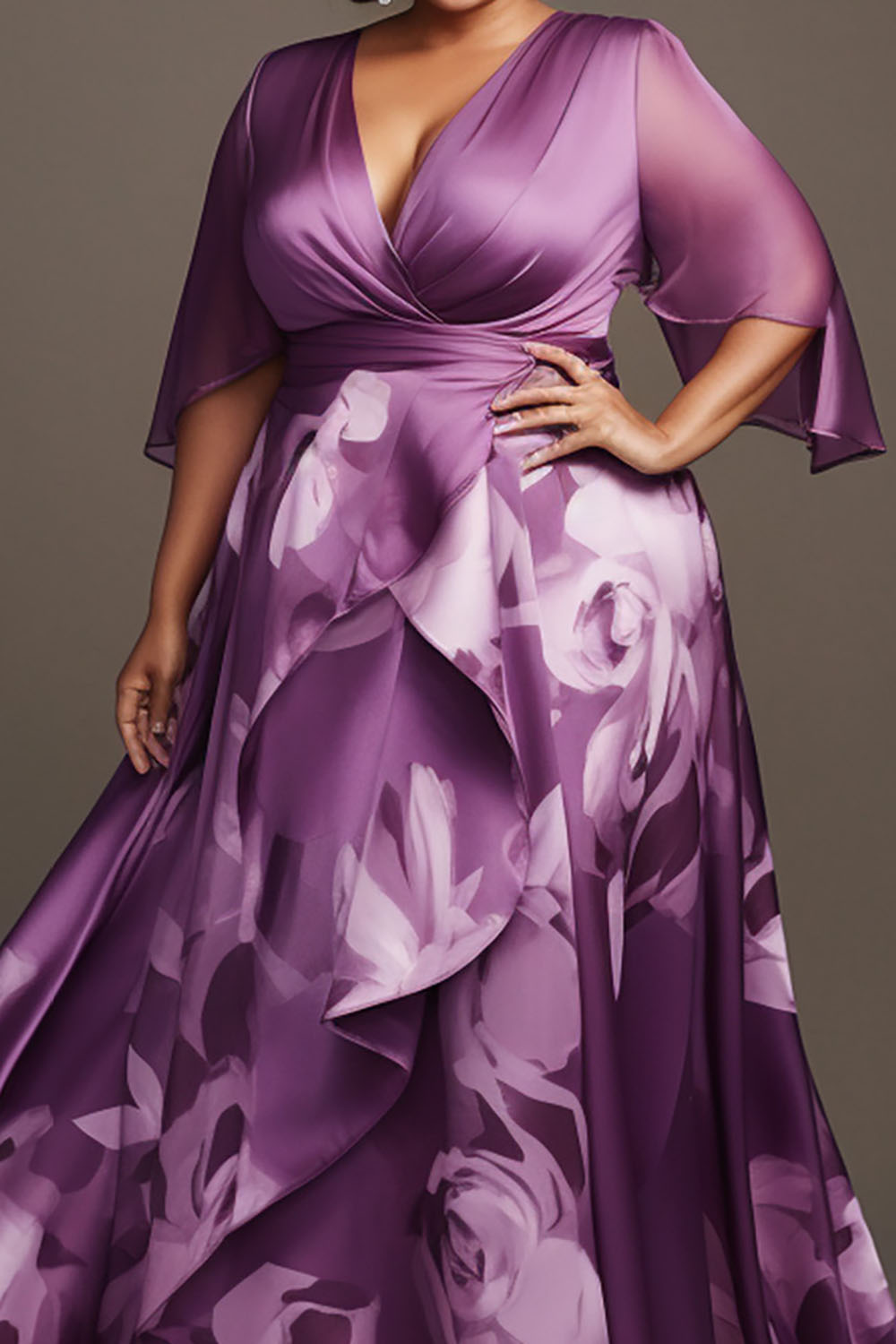 Design Plus Size Mother Of The Bride Elegant Purple Floral Wrap Neck Flare Half Sleeve Maxi Dresses [Pre-Order]