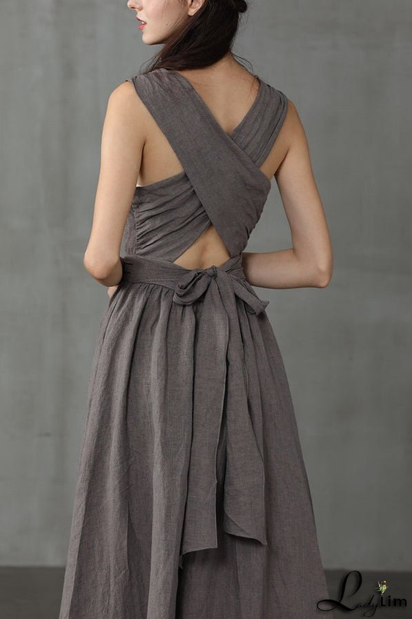Cross Back O Neck Maxi Linen Dress