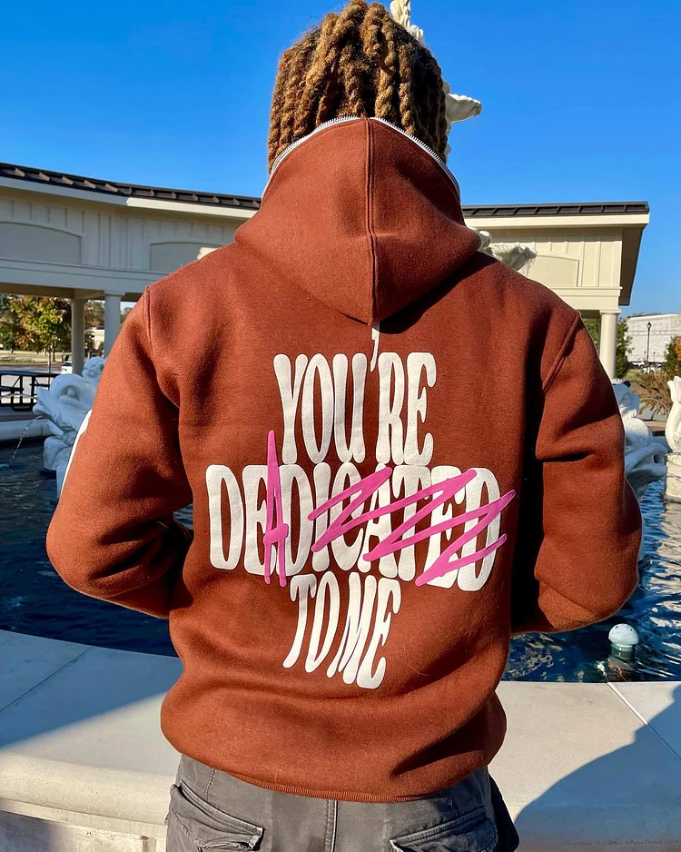 You’re Deadicated To Me Letter Puff Print Full Zip Up Hoodie Men's Hoodies at Hiphopee