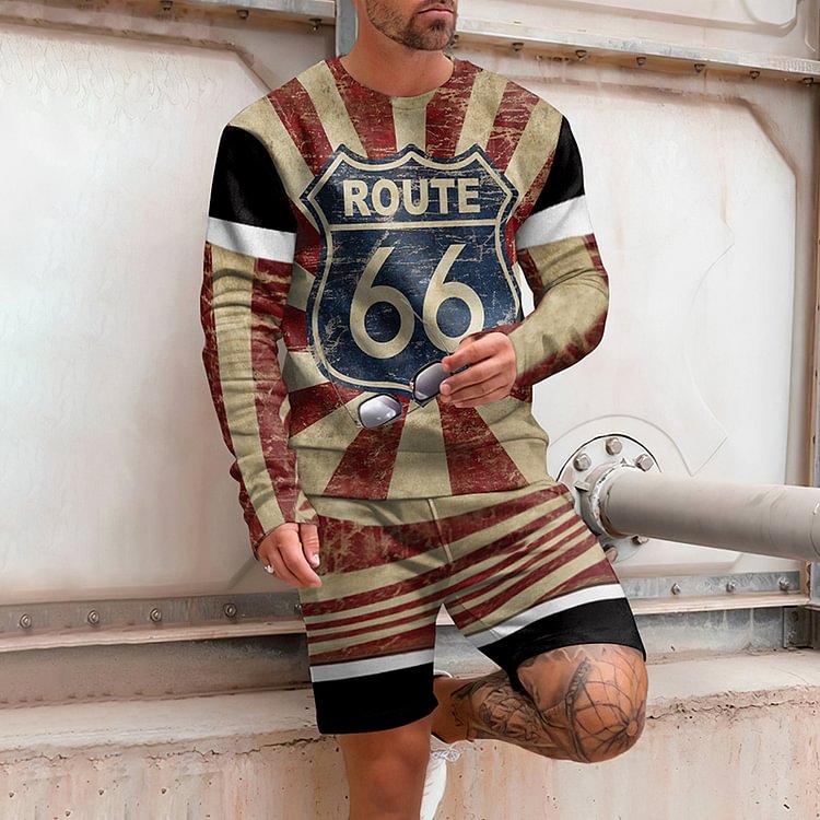 BrosWear Vintage Stitching Route 66 Print Tracksuit Two Piece Set