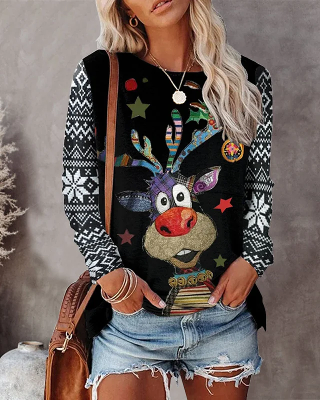 Crew Neck Floral Deer Christmas Tree Print Casual Long Sleeve T-Shirt