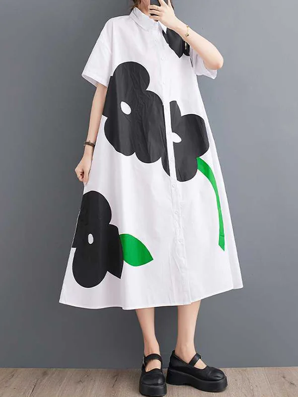 Loose Short Sleeves Buttoned Floral Printed Lapel Collar Midi Dresses