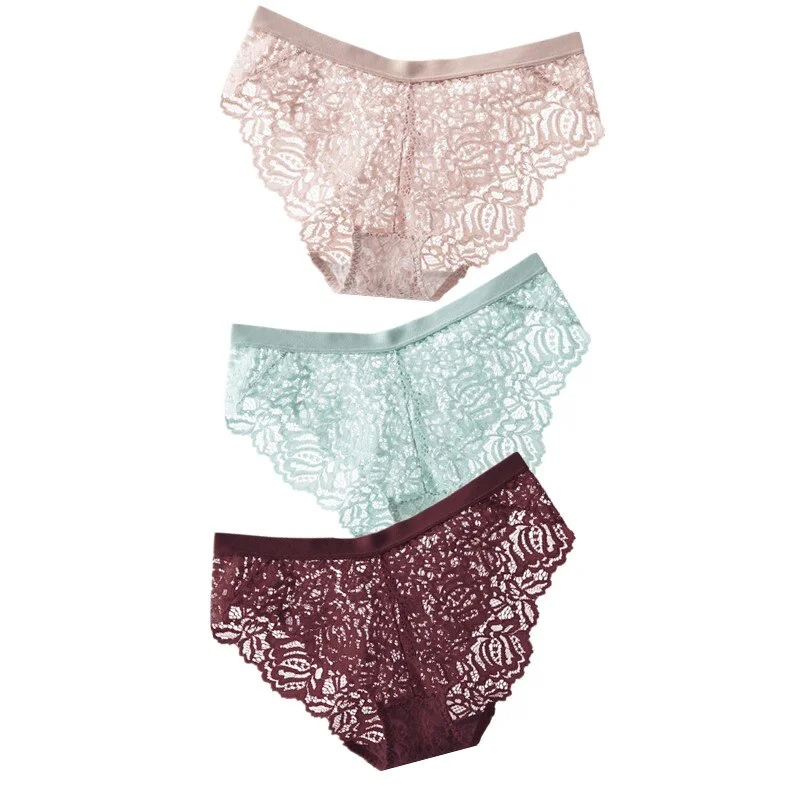 3PCS Sexy Lace Panties Soft Breathable Briefs Women Underwear Ladies Panty Transparent Tempting Low-Rise Cotton Lingerie Solid