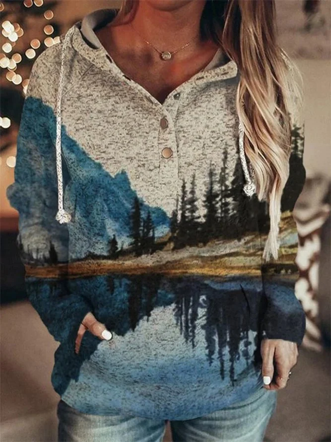 Women Vintage Long Sleeve Landscape Printed Plus Size Statement Casual Sweatshirts