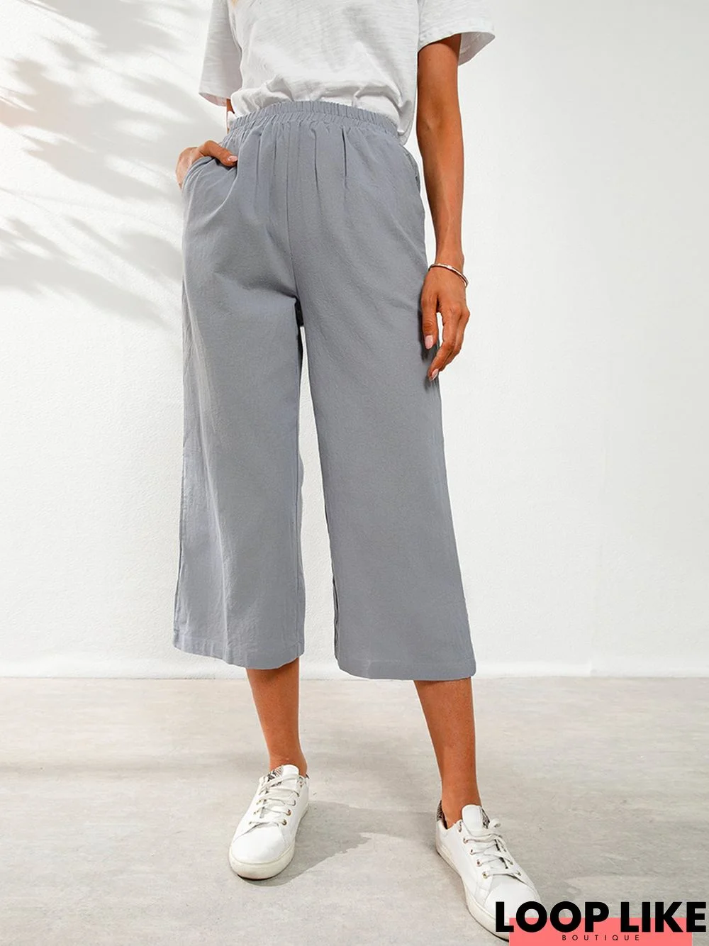 Solid Pockets Casual Straight Cropped Pants