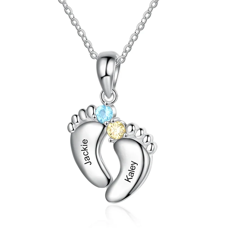 Personalized Baby Foot Necklace With 2 Birthstones Engraved Names Gift For Mother
