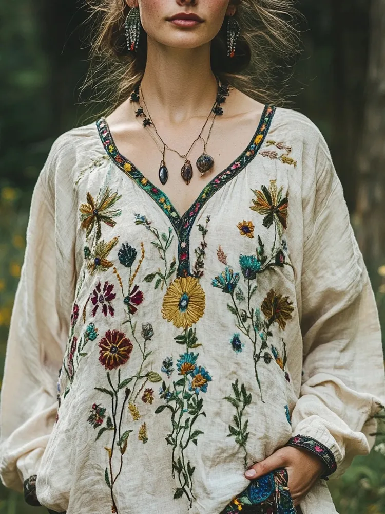 Retro Bohemian Floral Embroidered Linen Blend Loose Tunic