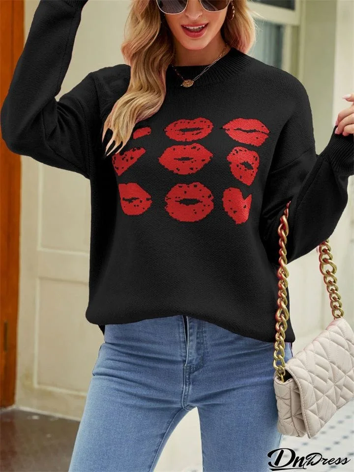 Female Valentine's Day Heart Lips Print Long Sleeve Sweaters
