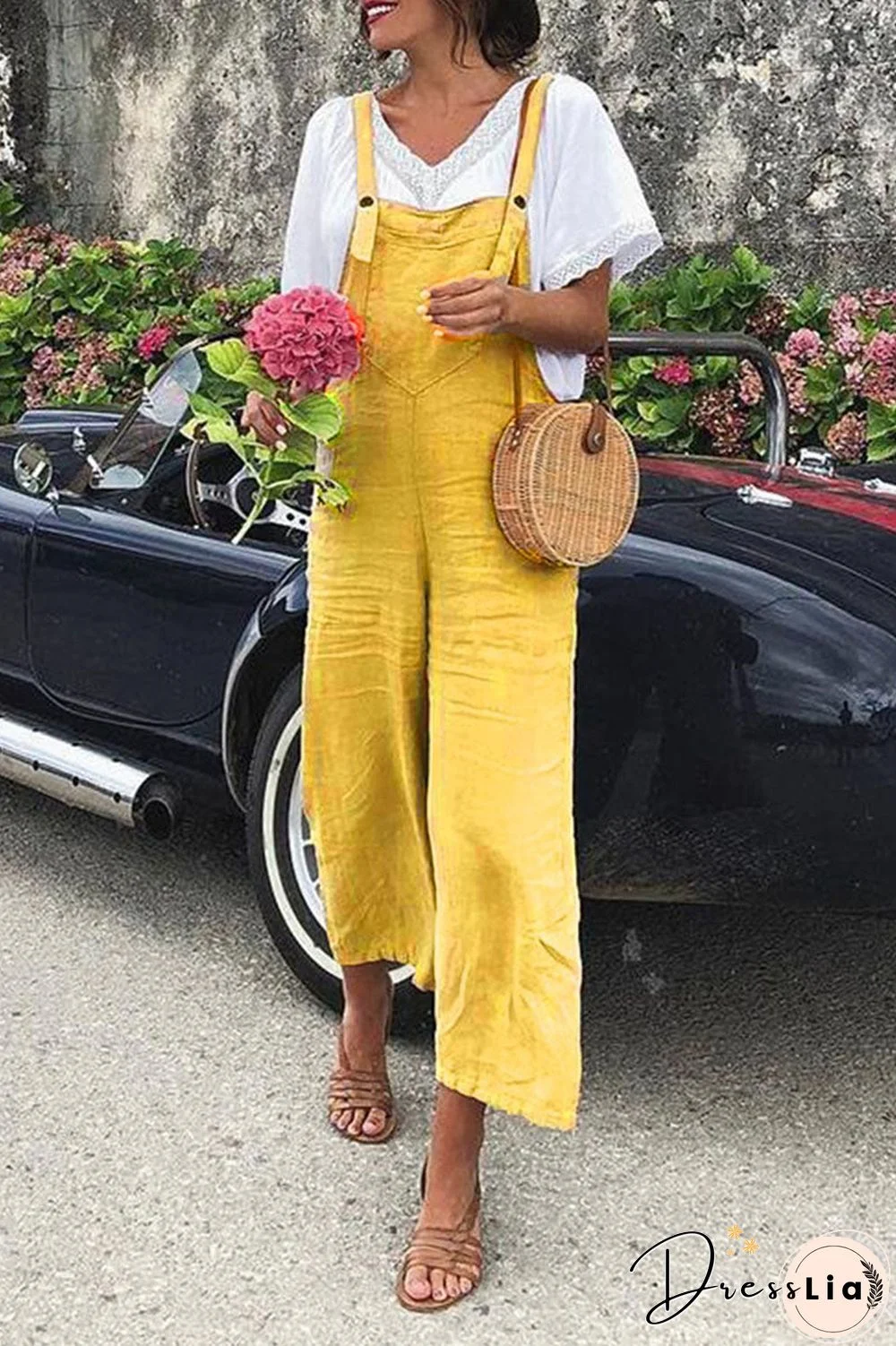 Fashion Casual Solid Split Joint Spaghetti Strap Loose Jumpsuits