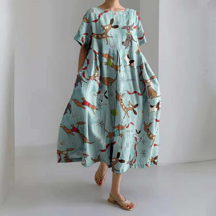 Abstract Lovely Dachshund Dog And Doggies Print Loose Midi Dress