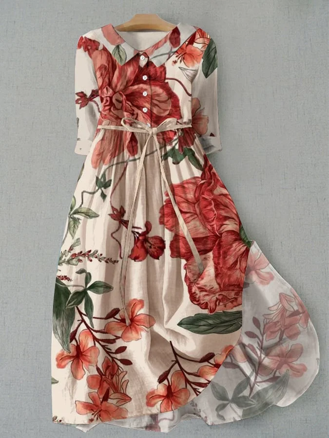 Women's Vintage Botanical Floral Design Lace Up Pocket Dress