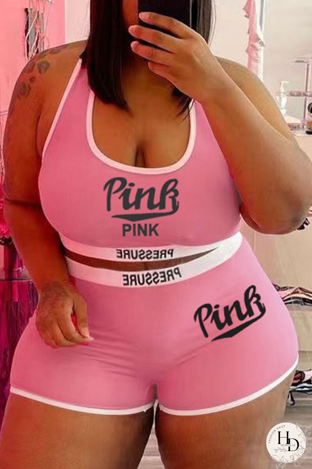 Blue Casual Letter Print Patchwork Spaghetti Strap Plus Size Two Pieces