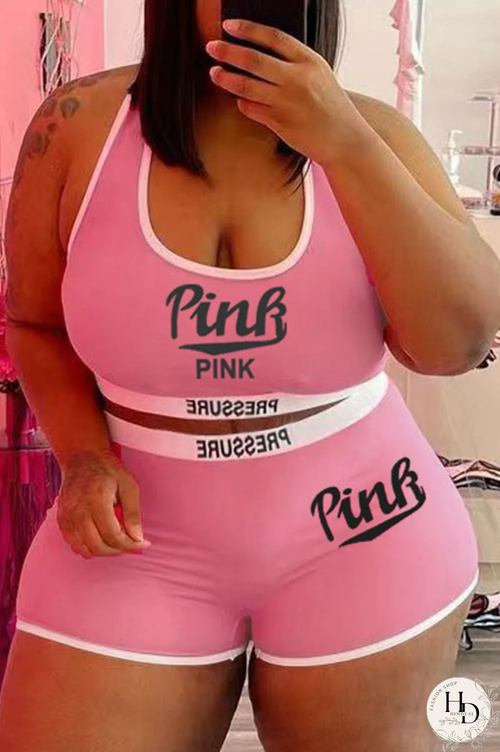 Blue Casual Letter Print Patchwork Spaghetti Strap Plus Size Two Pieces