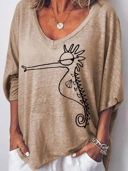 3/4 Sleeve V Neck Casual Seahorse Top