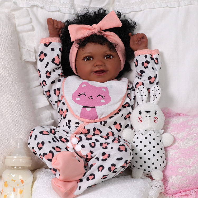 Babeside Sunny 17'' Reborn Baby Doll Smiling African American Girl Pink Leopard Suit
