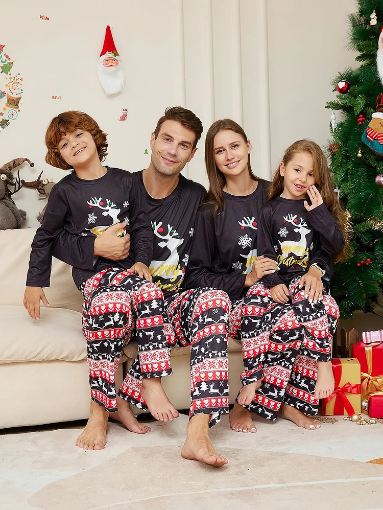 Christmas Elk Letter Striped Long Sleeve Top & Pants Pajamas Set
