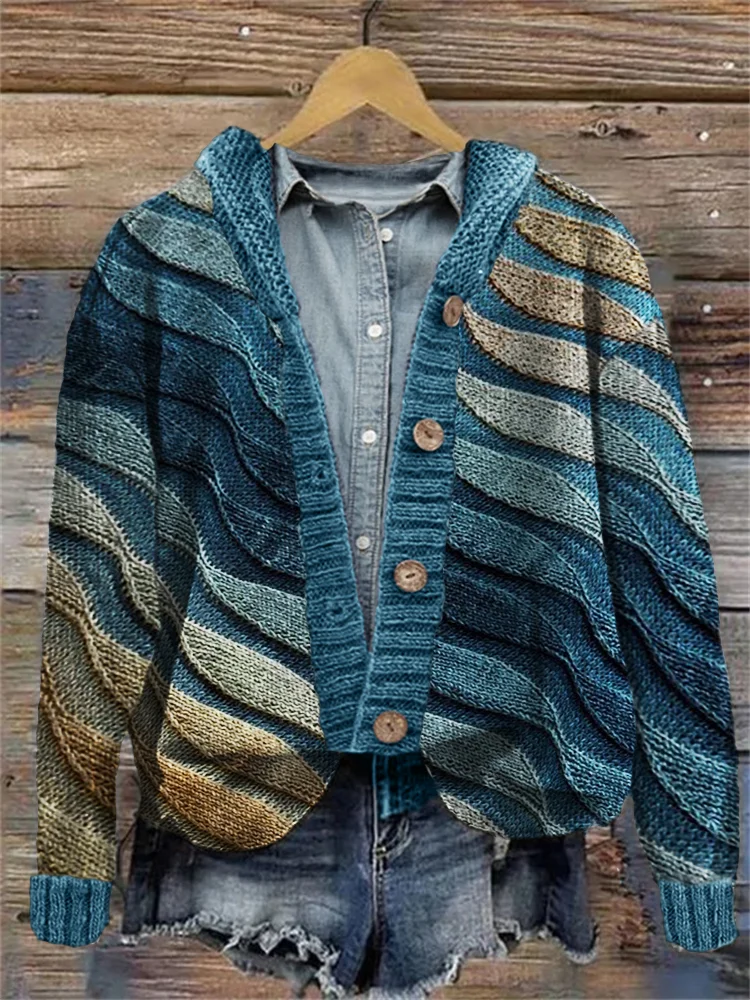 VChics Beach Sea Waves Inspired Knit Art Cozy Hooded Cardigan