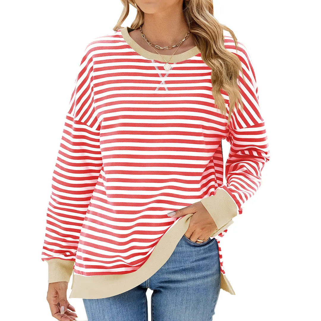 Churchf Churchf New 2024 Round Collar Stripe Splicing Split Loose Hoodie Top
