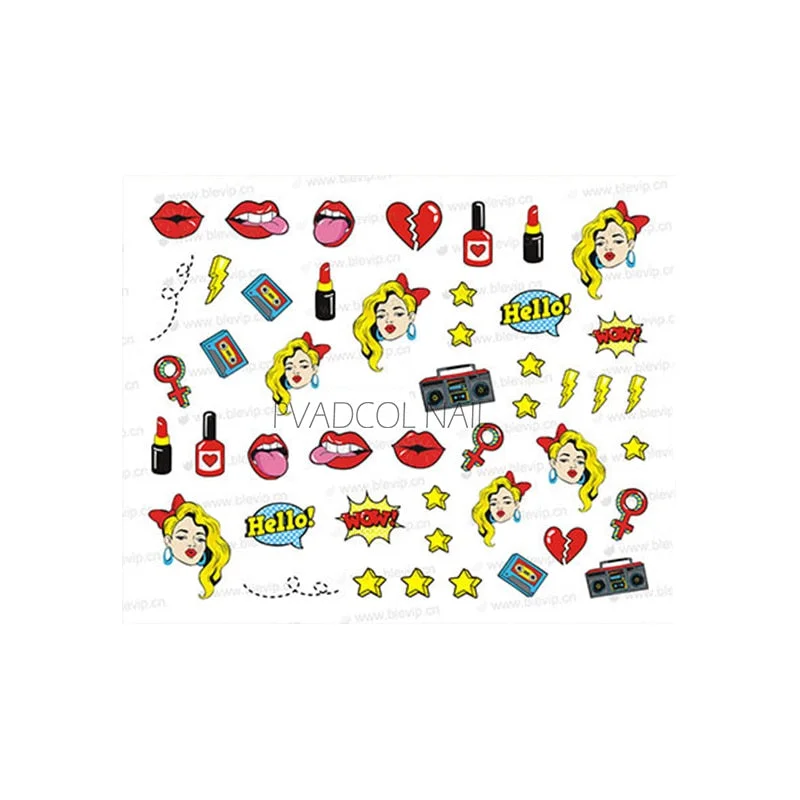 Pop Art Nails Stickers Sexy Red lips Lollipop Bubble Gum Lettering Nail Deals Sliders Wow Hot Cool Girl Style Nail Sticker Decor