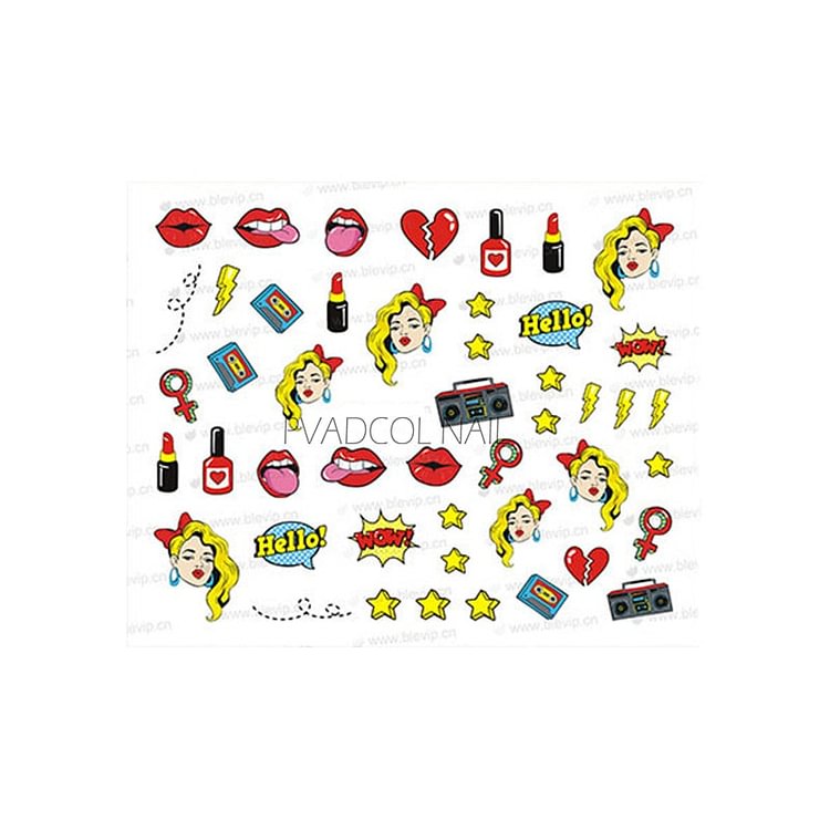 Pop Art Nails Stickers Sexy Red lips Lollipop Bubble Gum Lettering Nail Deals Sliders Wow Hot Cool Girl Style Nail Sticker Decor