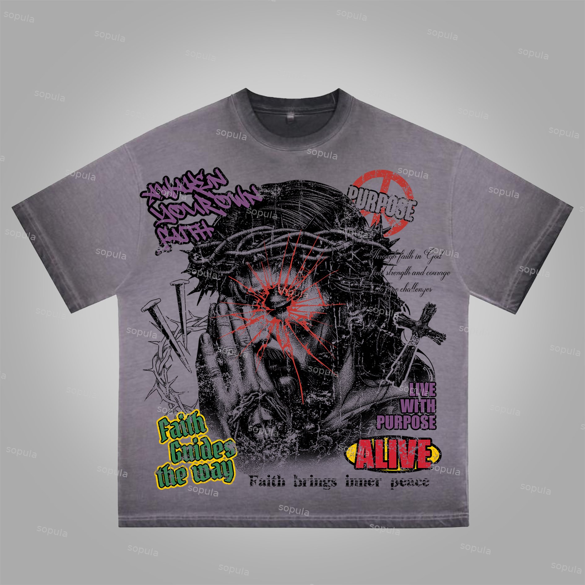 Sopula Pray For Jesus The Meaning Of Life Vintage Graphics Washed Cotton T-Shirt