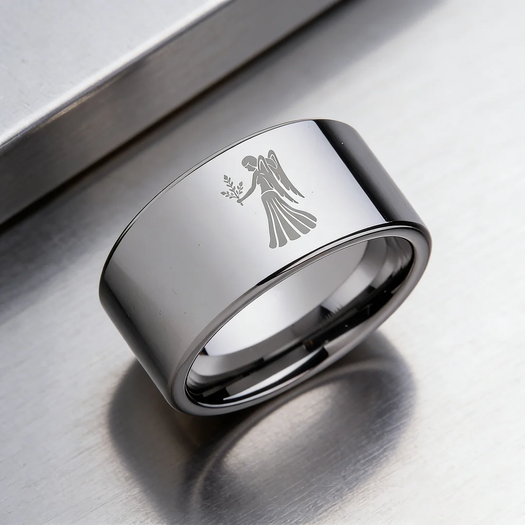 4MM 6MM 8MM 10MM Width Silver Flat Tungsten Wedding Bands Zodiac Virgo Laser Couple Tungsten Carbide Rings