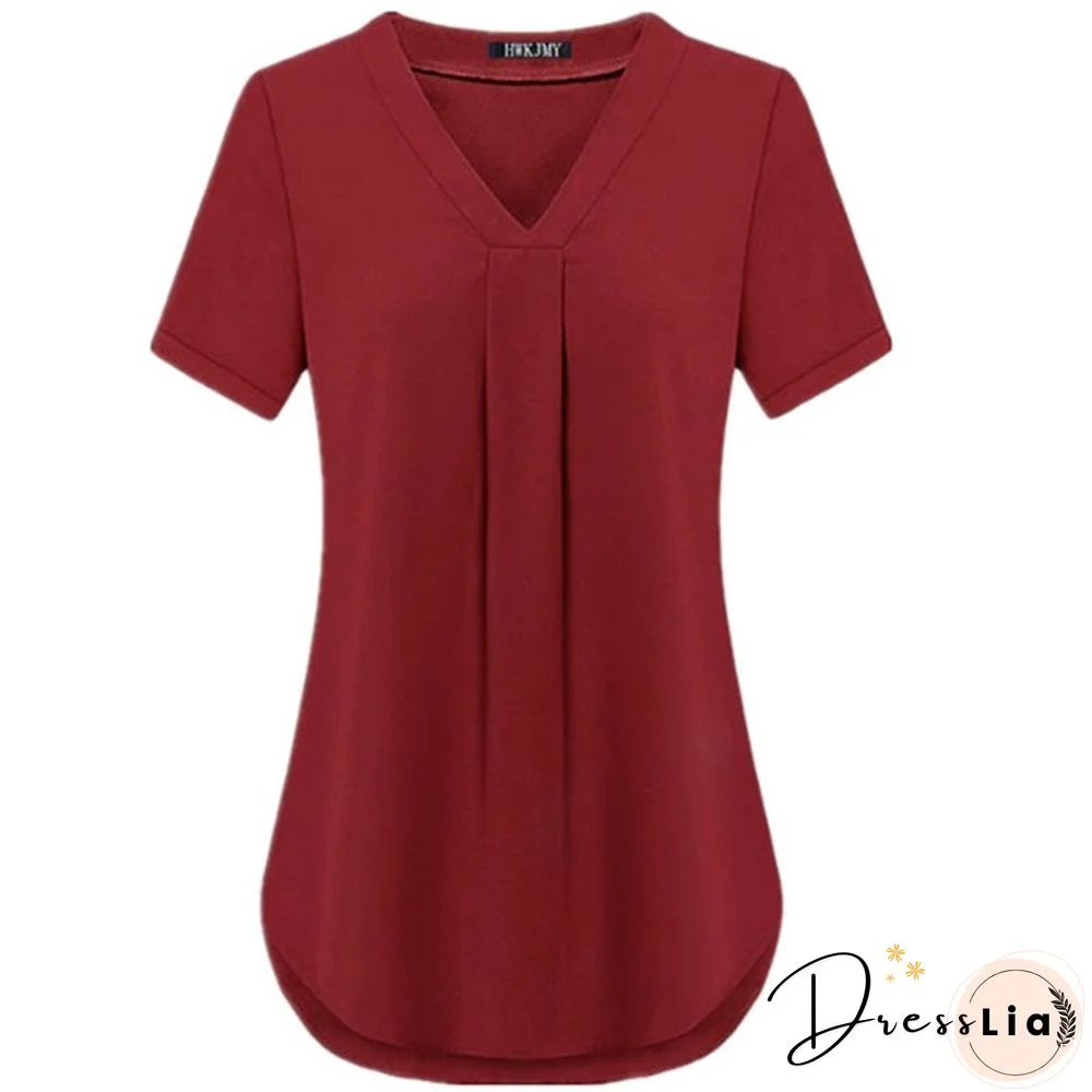 Women's Fashion Summer Sexy V-neck Short Sleeve Shirt Solid Color Loose Pleated Chiffon T-shirt Tops Blouse Plus Size S-6XL
