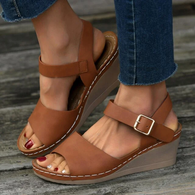 Women's PU Leather Wedges Sandals Summer 2022 Chunky Platform Beach Shoes Woman Open Toe Buckle Sandalias Mujer Plus Size