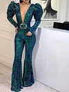 Spangle Plunging Puff Sleeves Jumpsuit