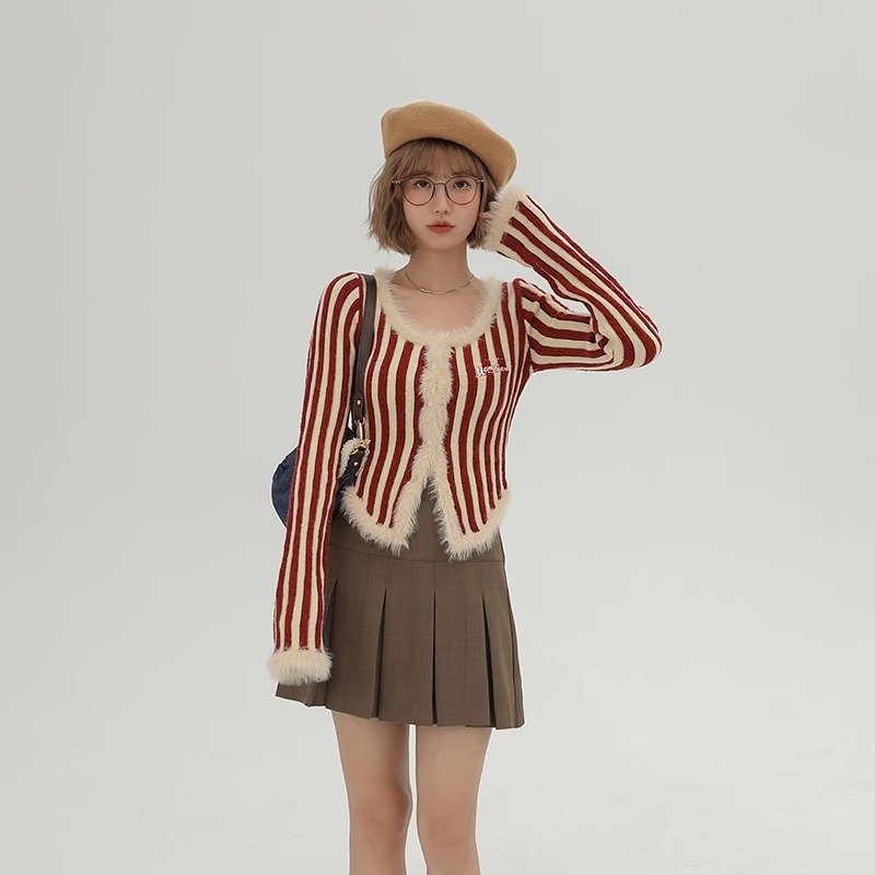 Cricninjo Vertical Stripe Knitted Cardigan Women'S Autumn And Winter New American Design Feeling Plush Slim Fit Sweater