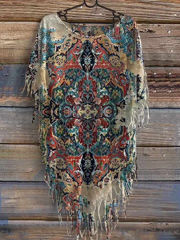 Women's Vintage Print Punk Hippie Batwing Tussle Fringes Poncho Dress