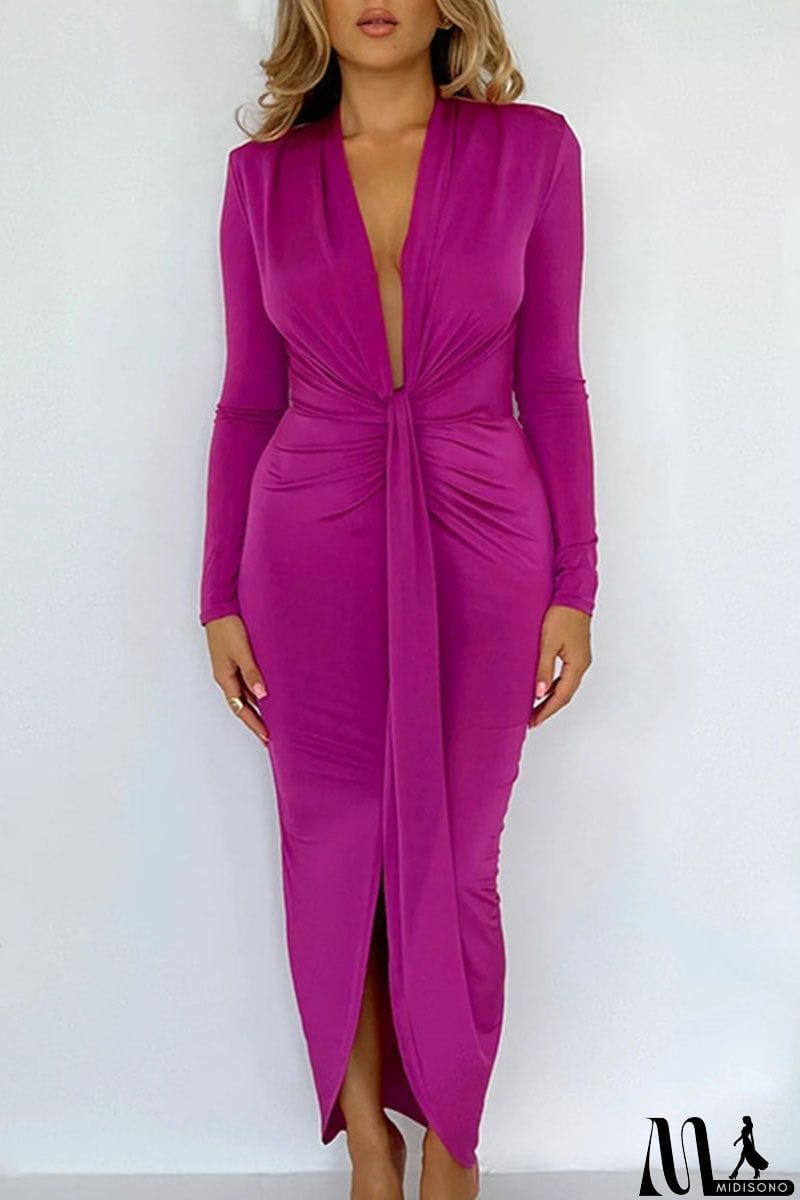 MidiSono - Sexy Solid Patchwork Slit Fold Asymmetrical V Neck One Step Skirt Dresses