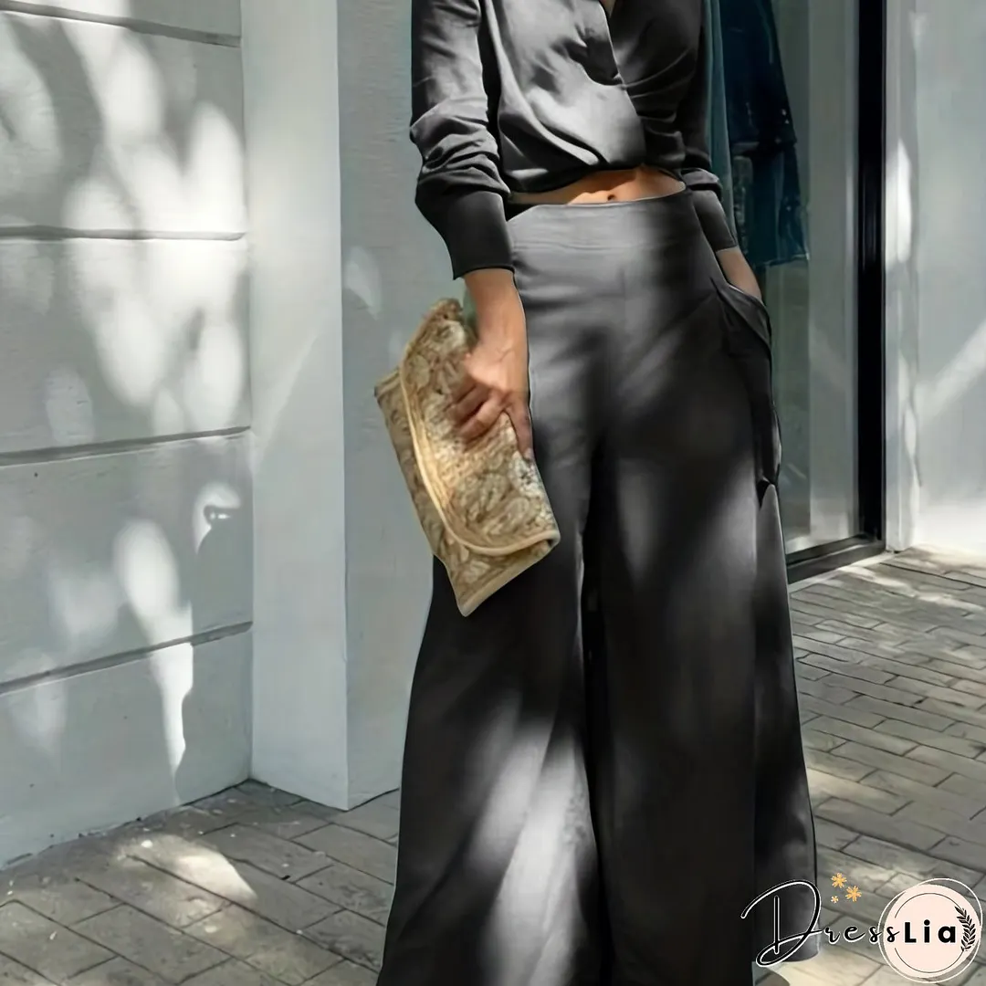 Casual Matching Two-piece Set, Long Sleeve Blouse & Wide Leg Pants Outfits, Women's Clothing