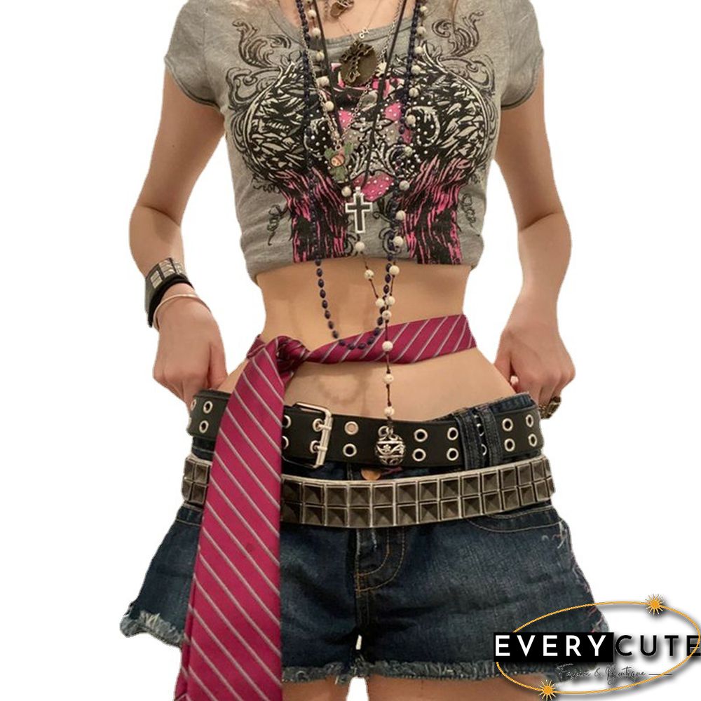 Retro Street Style Heart Wing Graphic Print Rhinestone Shirt