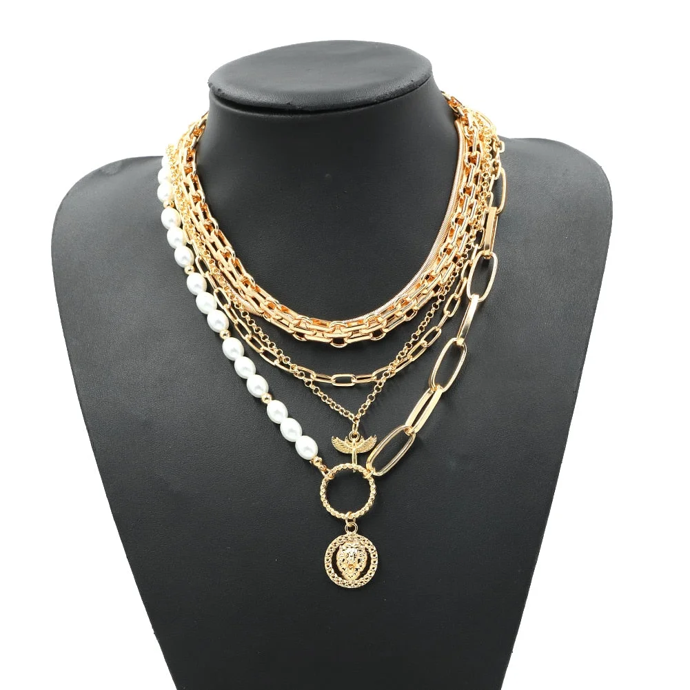 Dvacaman Retro Simple Pearl Letter Pendant Initial Necklace for Women Boho Statement Multi Layered Chunky Chain Necklace Jewelry