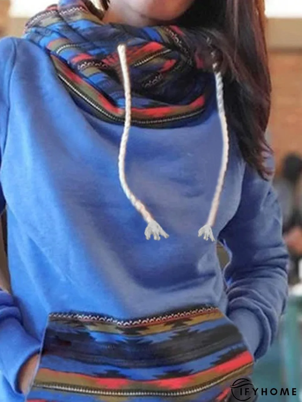 Blue Patchwork Hoodie Vintage Printed Sweatshirts | IFYHOME